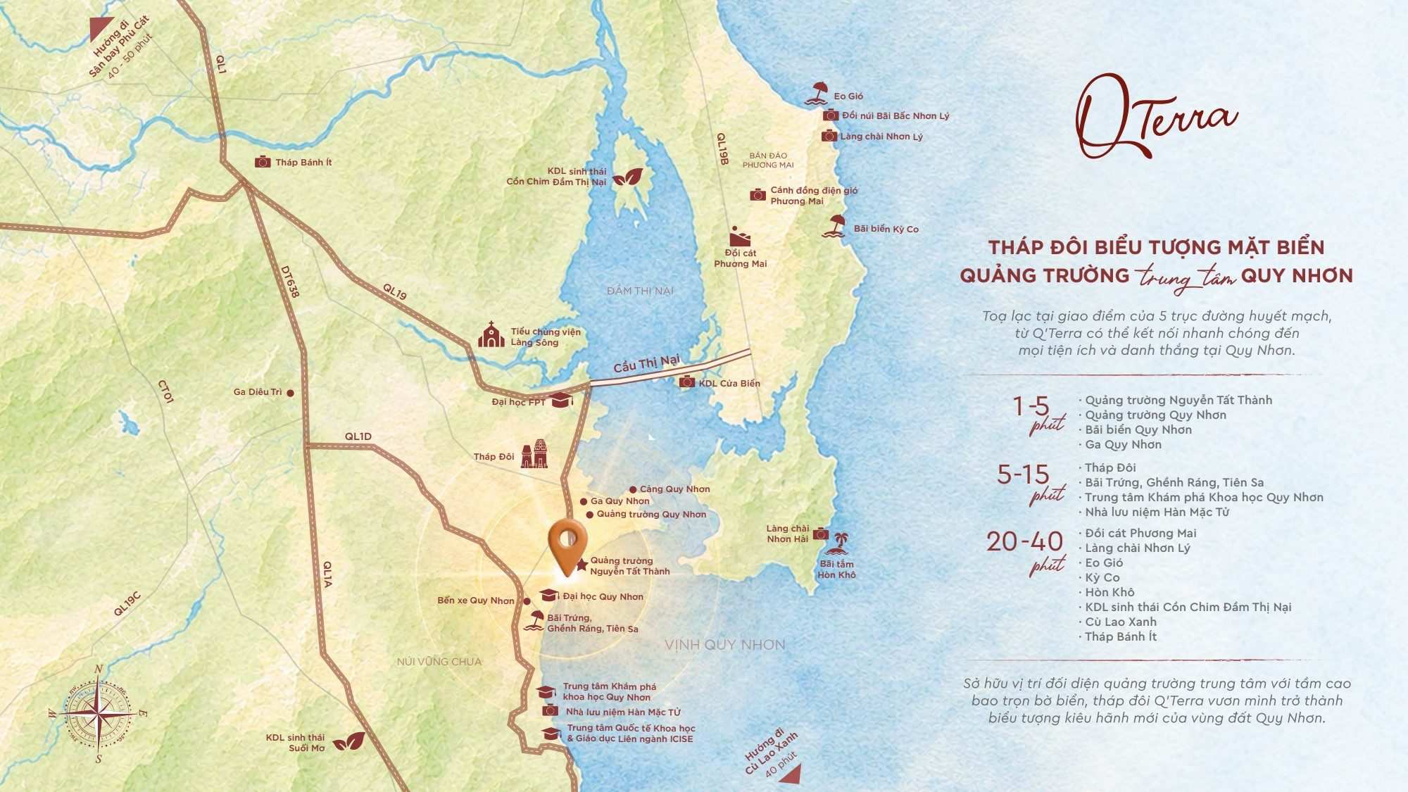 Bản đồ kết nối vùng từ Q'Terra tới các tiện ích và danh thắng Quy Nhơn